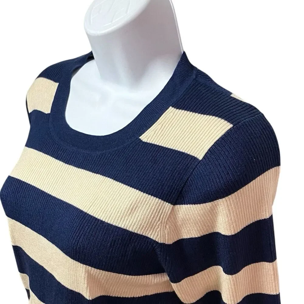 J Crew Navy‎ Cream Striped Ribbed Crewneck Nautical Coastal Sweater